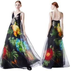 New Alice + Olivia Massie Tie Strap Floral Silk Maxi Gown Black Size 14